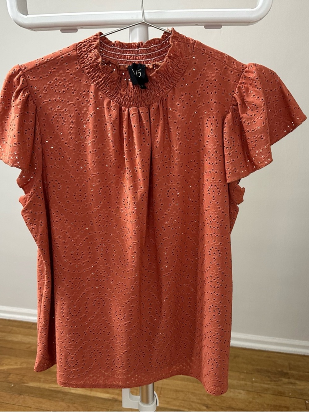 W5 Rust Eyelet Smocked Neck Flutter Sleeve Top